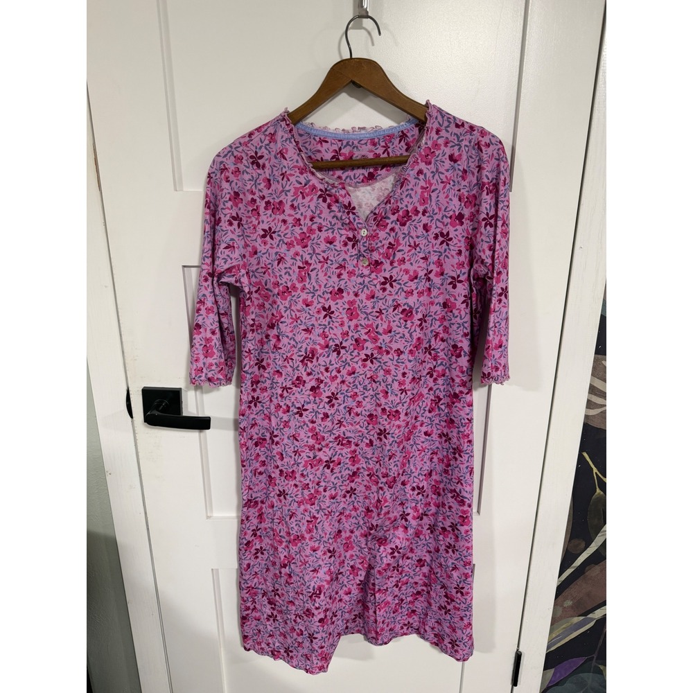 Appleseeds Pink Floral Henley Nightgown 3/4 Sleeve Lettuce Trim Petite Medium